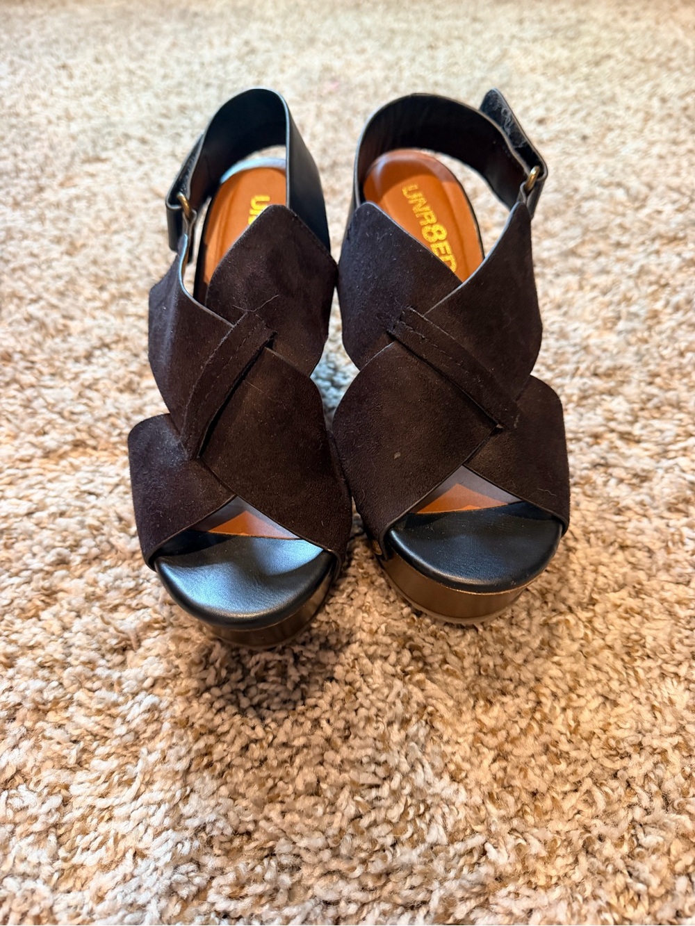 Dark brown and Black Suede Crossband Wedge Sandals with Bronze Studs - Picture 3 of 5